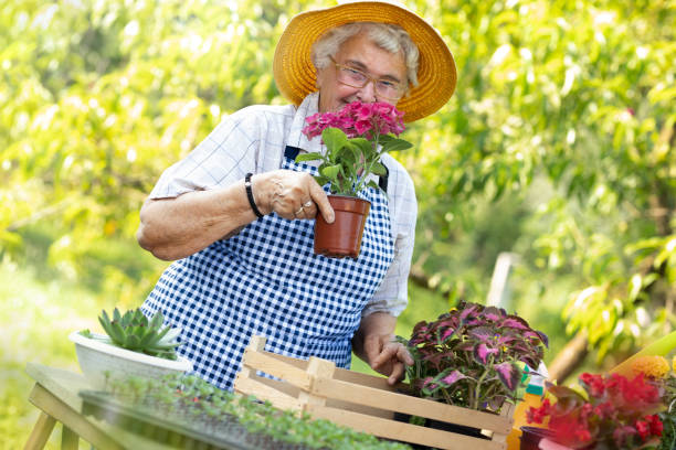 istock Senior woman smelling flowers 1207110751