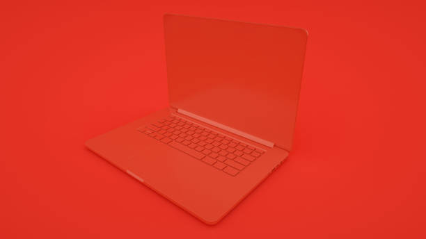 istock Red laptop isolated on red background. 3d rendering 1207111598