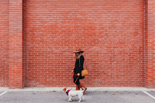 young beautiful woman walking with her dog by the street. Orange brick wall background. Love and pets outdoors.