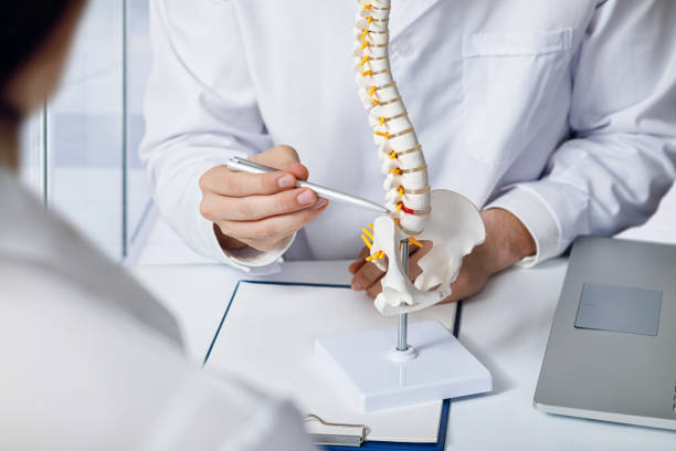 istock The doctor shows an intervertebral hernia on the spine. 1207112295