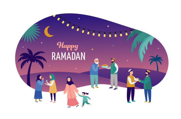 Ramadan Kareem, Eid mubarak, greeting card and banner with many people, giving gifts, food. Men, women and children walking on the street. Islamic holiday background. Vector illustration Ramadan Kareem, Eid mubarak, greeting card and banner with many people, giving gifts, food. Men, women and children walking on the street. Islamic holiday background. Vector illustration muslim family stock illustrations