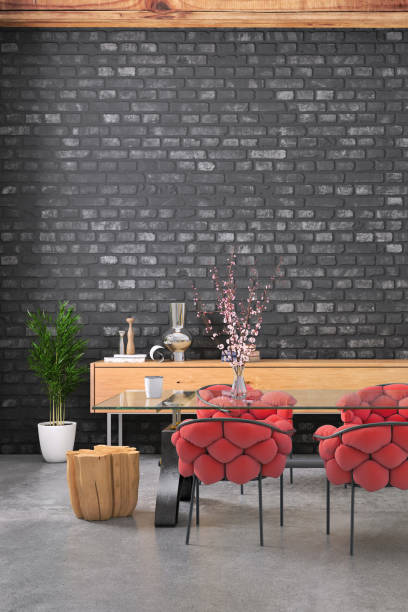 istock Dining room with blank black brick wall 1207114127