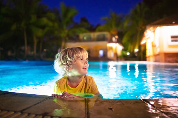 Kids in swimming pool at night