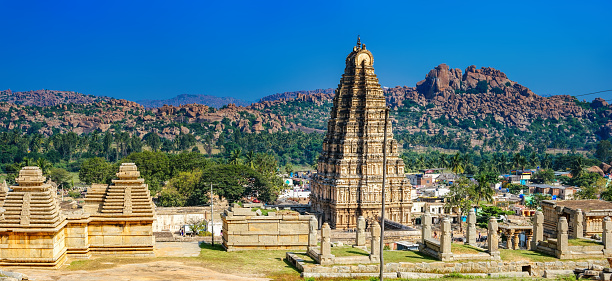 Virupaksha Temple, located in the ruins of ancient indian city Vijayanagar in Hampi, Karnataka, India.