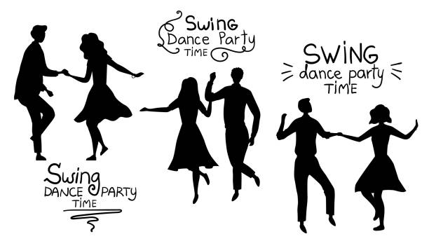 swind dance party time concept. czarne sylwetki młodych par są dancing swing, rock and roll lub lindy hop. styl płaski. ilustracja wektorowa - 1940s style women 1950s style retro revival stock illustrations