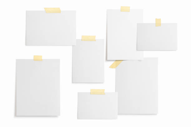 Moodboard template composition with blank photo cards, torn paper, polaroid frame glued with yellow adhesive tape and isolated on white for easy editing.