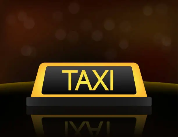 Vector illustration of Yellow taxi car roof sign at night. Vector stock illustration.