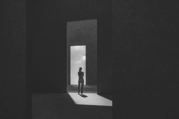 Woman standing between passages Woman standing between passages. This is entirely 3D generated image. light at the end of the tunnel photos stock pictures, royalty-free photos & images
