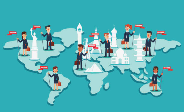 ilustrações de stock, clip art, desenhos animados e ícones de businessmen and business women with flag on world map. concept of international partnership, success, cooperation and teamwork in business - globe occupation working world map