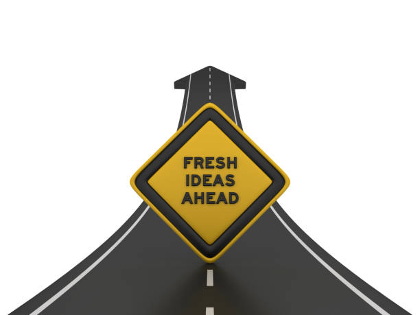 istock Road Arrow with FRESH IDEAS AHEAD Road Sign - 3D Rendering 1207127017