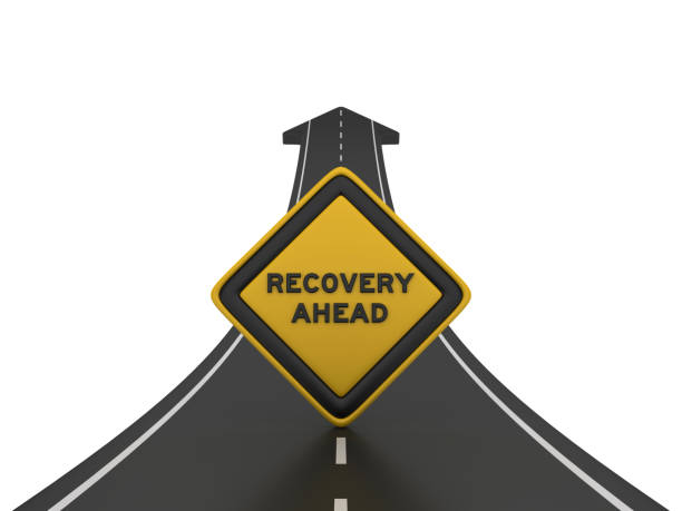 istock Road Arrow with RECOVERY AHEAD Road Sign - 3D Rendering 1207127200