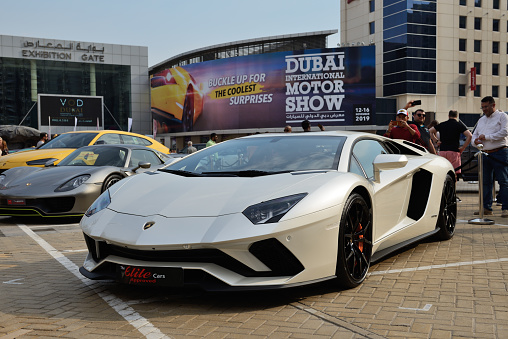 Dubai, UAE - November 16, 2019: The Lamborghini Aventador S Coupe sportscar is on Dubai Motor Show 2019.