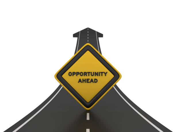 istock Road Arrow with OPPORTUNITY AHEAD Road Sign - 3D Rendering 1207127995
