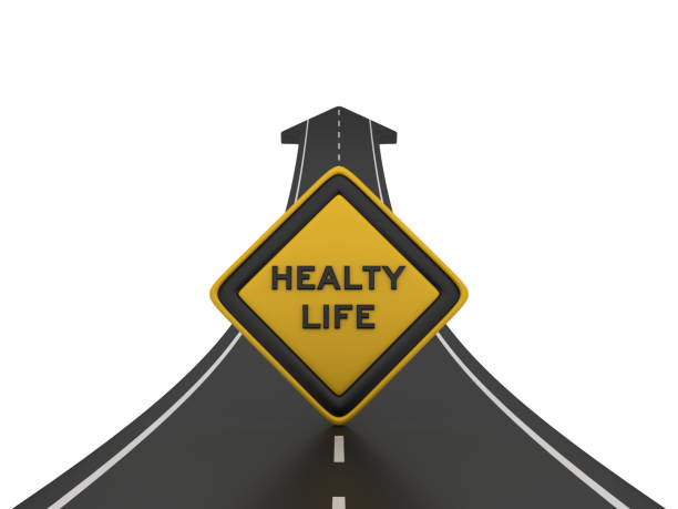 istock Road Arrow with HEALTHY LIFE Road Sign - 3D Rendering 1207128069