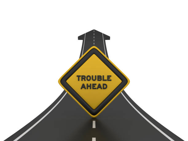 istock Road Arrow with TROUBLE AHEAD Road Sign - 3D Rendering 1207128083