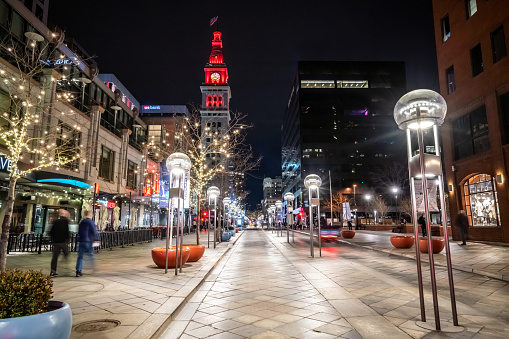 Night view of 16th St Mall in Denver.