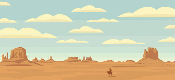 ilustrações de stock, clip art, desenhos animados e ícones de vector landscape with western prairies and cowboy - country and western music illustrations
