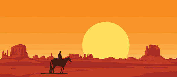 Western landscape with the silhouette of a lone rider Vector landscape with wild American prairies and silhouette of a cowboy riding a horse at sunset or dawn. Decorative illustration on the theme of the Wild West. Western vintage background wild west illustrations stock illustrations