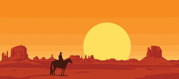 Western landscape with the silhouette of a lone rider Vector landscape with wild American prairies and silhouette of a cowboy riding a horse at sunset or dawn. Decorative illustration on the theme of the Wild West. Western vintage background texas cowboy stock illustrations