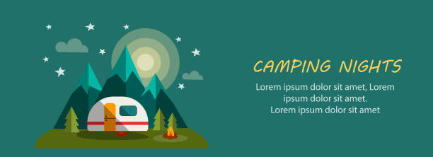 ilustrações, clipart, desenhos animados e ícones de banner noites de acampamento - mobile home camping isolated vehicle trailer