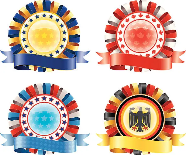 Vector illustration of Award ribbon rosettes. National flag colors.