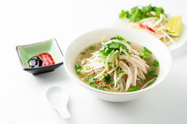 Vietnamese pho soup on white background.