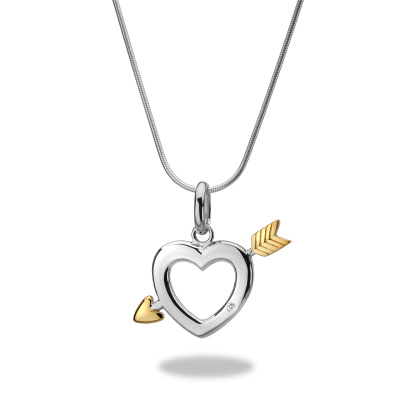 A silver heart shaped pendant with a gold arrow running through it, suspended above a white background.