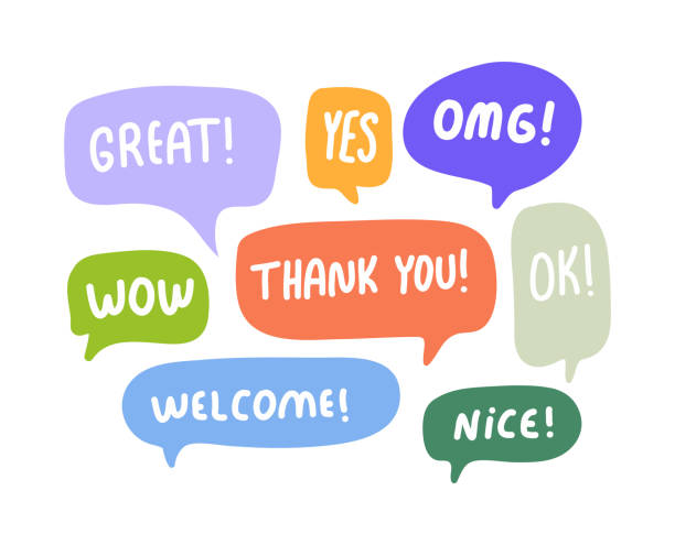 Speech Bubbles Short Phrases, Great, Yes, Omg, Wow, Thank You, Ok, Welcome, Nice Speech Bubbles Short Phrases, Great, Yes, Omg, Wow, Thank You, Ok, Welcome, Nice balloon stock illustrations