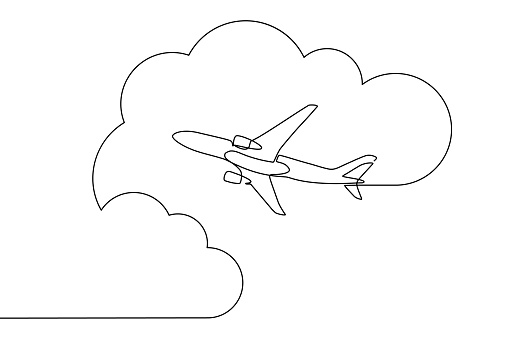 Plane flying in the sky among clouds in continuous line art drawing style. Traveling by airplane. Black linear sketch isolated on white background. Vector illustration