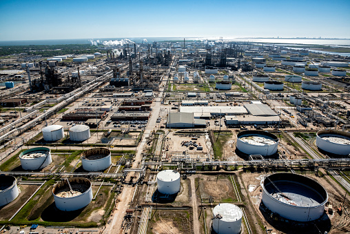 Directly above an oil refinery in Texas City, Texas, located just south of Houston on Galveston Bay.