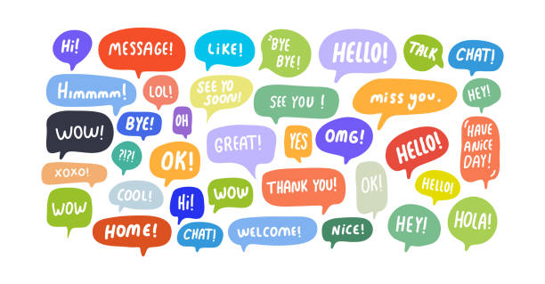 konuşma kabarcıklar kısa i̇fadeler, büyük, mesaj, teşekkür ederim, bye, ok , omg , wow, xoxo, oh, nope, merhaba, nice, evet - tek sözcük illüstrasyonlar stock illustrations