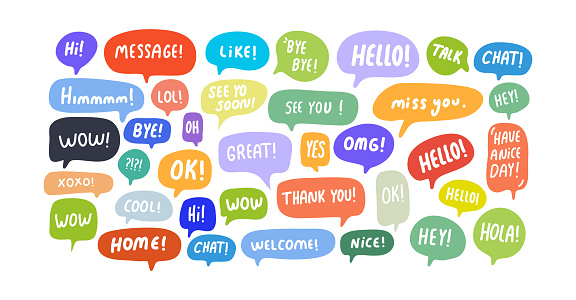 Speech Bubbles Short Phrases, Great, Message, Thank You, Bye, Ok ,Omg, Wow, Xoxo, Oh, Nope, Hello, Nice, Yes