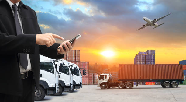 istock Double exposure of man with world map for logistic network distribution on background and Logistics Industrial Container Cargo freight ship for shipping and Transportation, import-export 1207136975