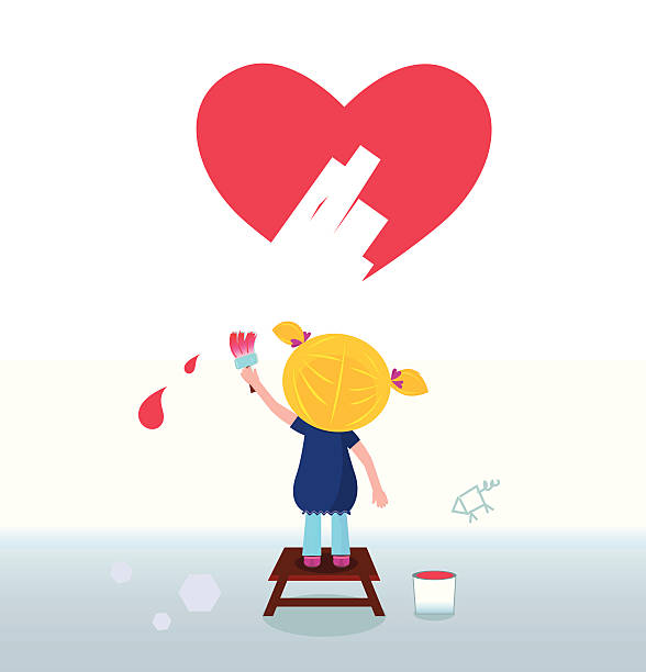 Little artist - cute girl painting red Heart vector art illustration