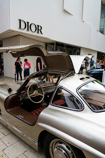 Miami, Florida USA - February 16, 2020: Vintage exotic Mercedes Benz Gullwing sports car on display at the public Miami Concours car show in the upscale Design District.