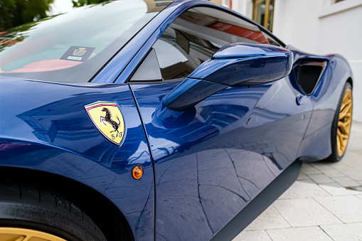 Miami, Florida USA - February 16, 2020: Exotic Ferrari supercar on display at the public Miami Concours car show in the upscale Design District.