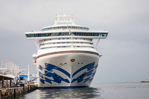 Osaka, Japan - August 18 2017 : Diamond Princess Ocean Liner anchored at Osaka tempozan Harbour.\nThis is the cruise ship with a total length of 290m long.