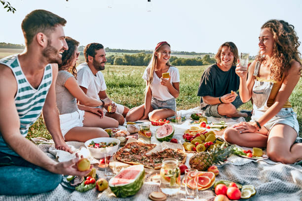 group of young attractive friends having a picnic - picnic imagens e fotografias de stock