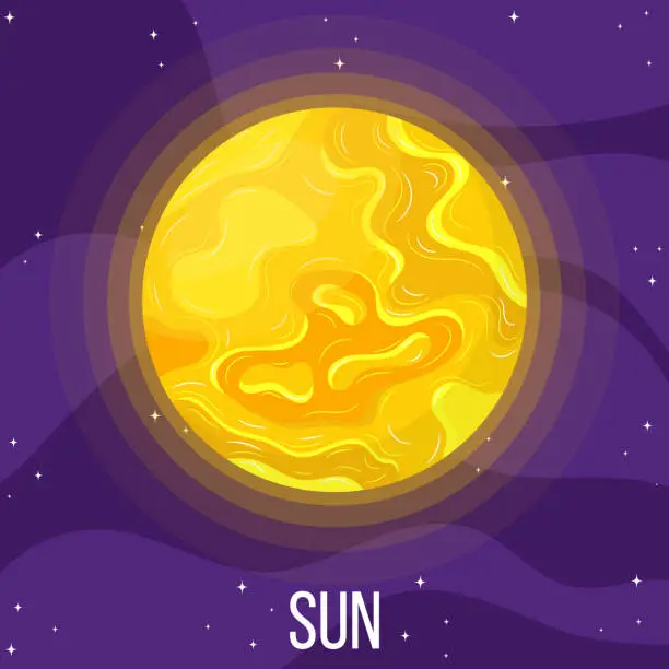 Vector illustration of Sun planet in space. Colorful universe with sun. Cartoon style vector illustration for any design.