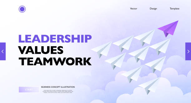 Business leadership concept banner. Group of white paper airplanes led by the purple paper plane flying upward. Business vector illustration. Business inspirational concept art. Conceptual vector illustration for design use. Watercolor paint textured style. Business vector illustration. follow up stock illustrations