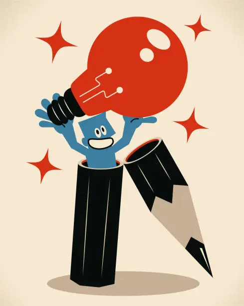 Vector illustration of Blue man (editor, writer) come out of the big pencil and carrying an idea light bulb