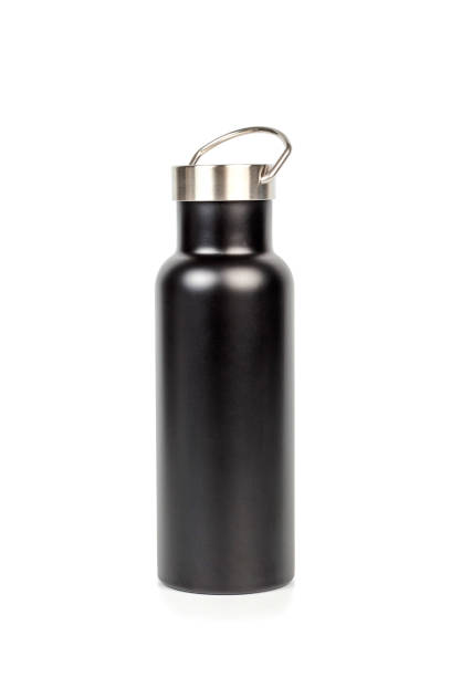 A black reusable bottle for water isolated on white background stock photo