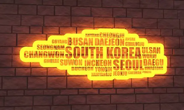 List of cities and towns of South Korea. Word cloud collage. Business and travel concept background. 3D rendering. Neon bulb street sign illumination