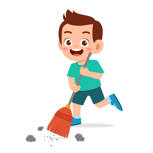 Happy Cute Little Kid Boy Sweeping Floor Stock Illustration - Download  Image Now - Sweeping, Broom, Child - iStock