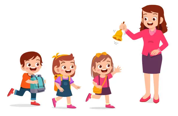 Vector illustration of happy cute little kid boy and girl with teacher ring a bell