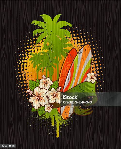 Tropical Surf Emblem Painting On A Wood Board Stock Illustration - Download Image Now - Aquatic Sport, Black Color, Breaking Wave
