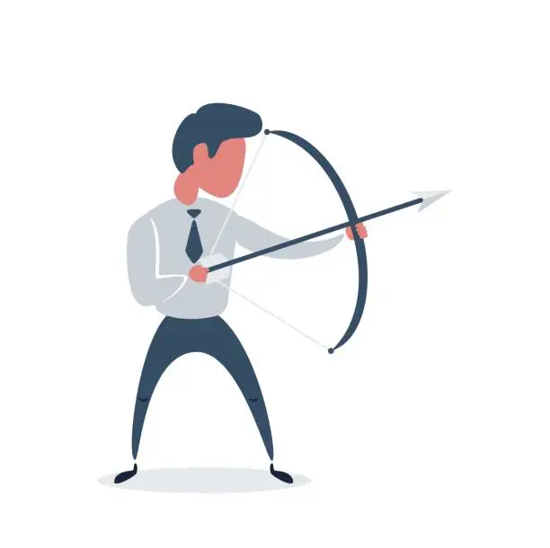 Vector illustration of Businessman with bow and arrow. Male holding bow and arrow aiming to shoot