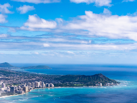 Honolulu city and Diamond Head Crater from the airplane in Waikiki, Honolulu, Oahu island, Hawaii.
