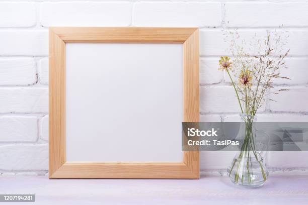 Wooden Square Frame Mockup With Grass In The Glass Jug Stock Photo - Download Image Now