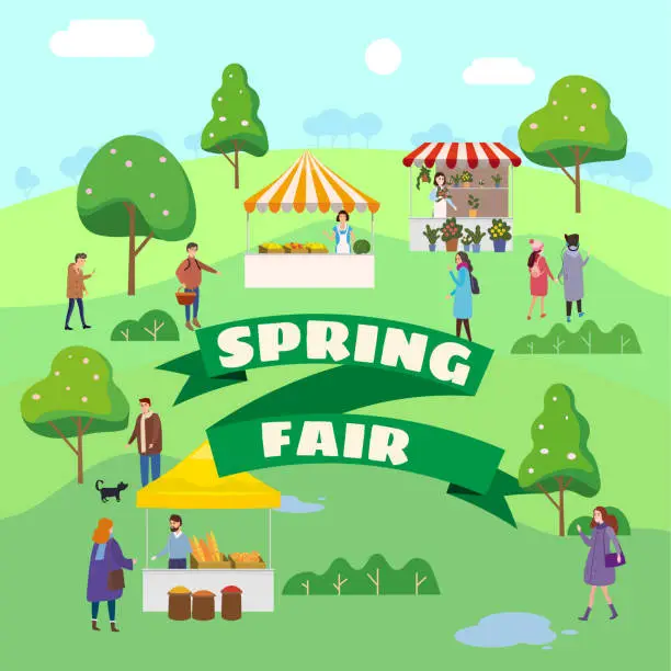 Vector illustration of Spring Fair festival. Food street fair, market family festival. People walking eating street food, shopping, have fun together. Tents, awnings, canopy. Vector illlustration isolated